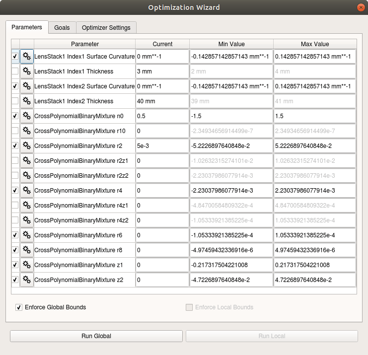 Optimization Wizard Example Parameters Screen including Binary Mixtures - global optimizer